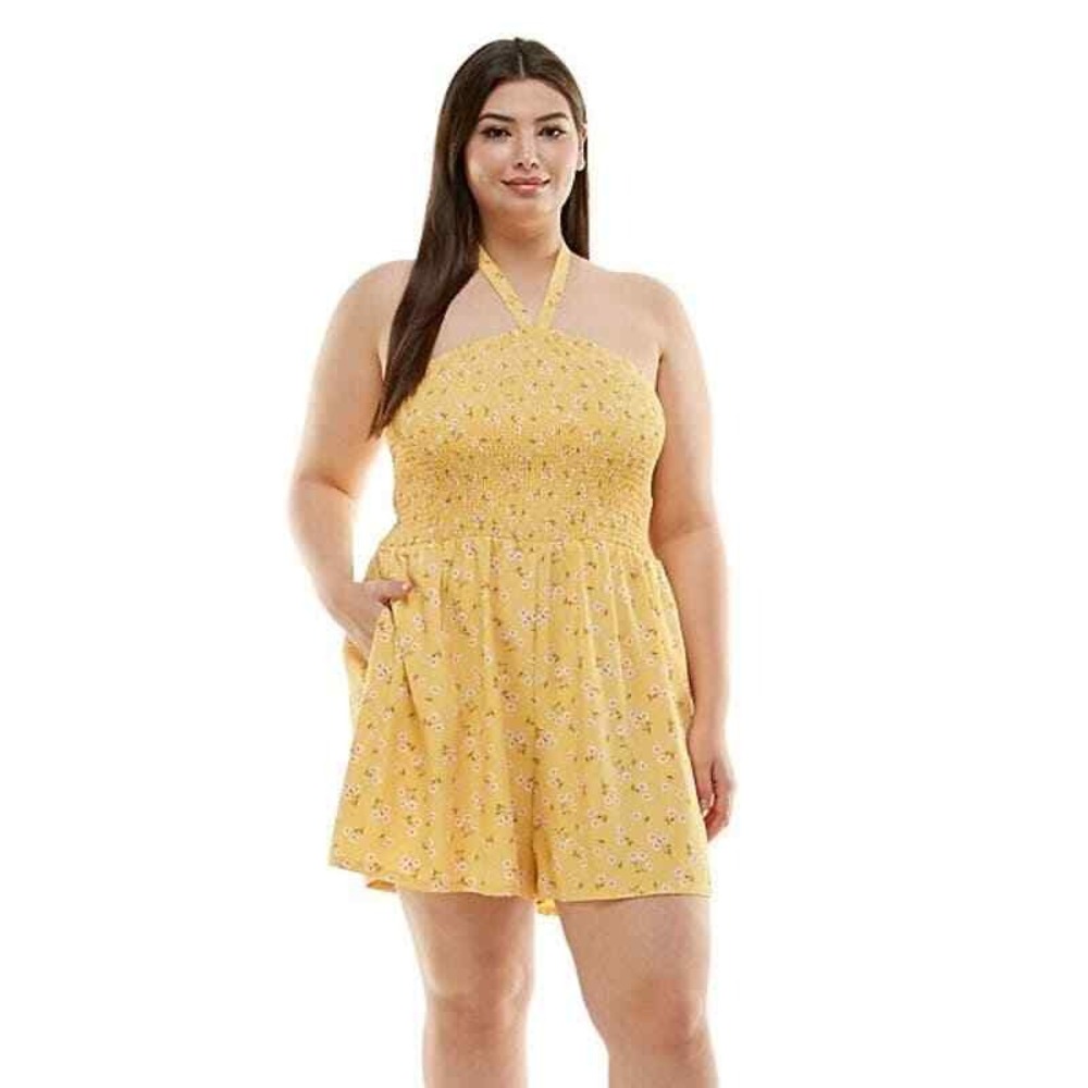 Lily Rose Yellow Floral Ties In Back Shorts Romper Elastic Top Stretchy M Summer